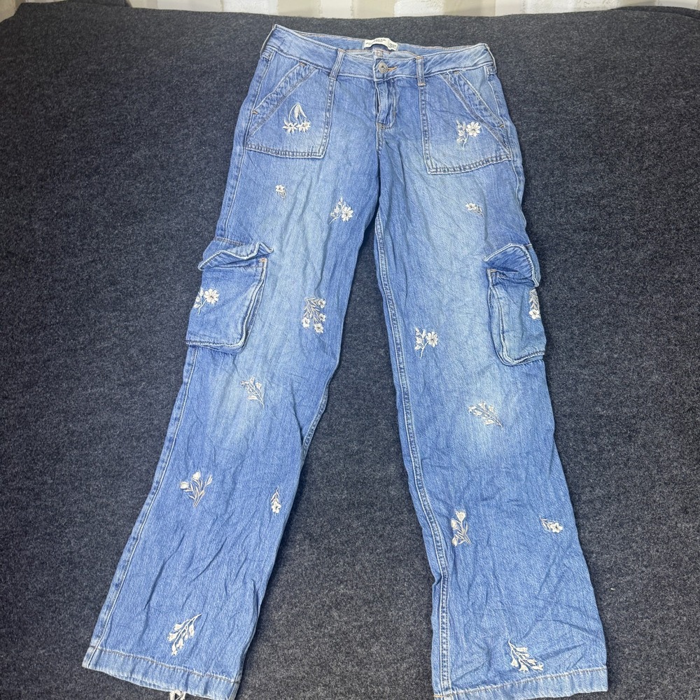 Abercrombie & Fitch Low Rise Baggy Jeans Girls 13/14 Blue Floral Embroidered